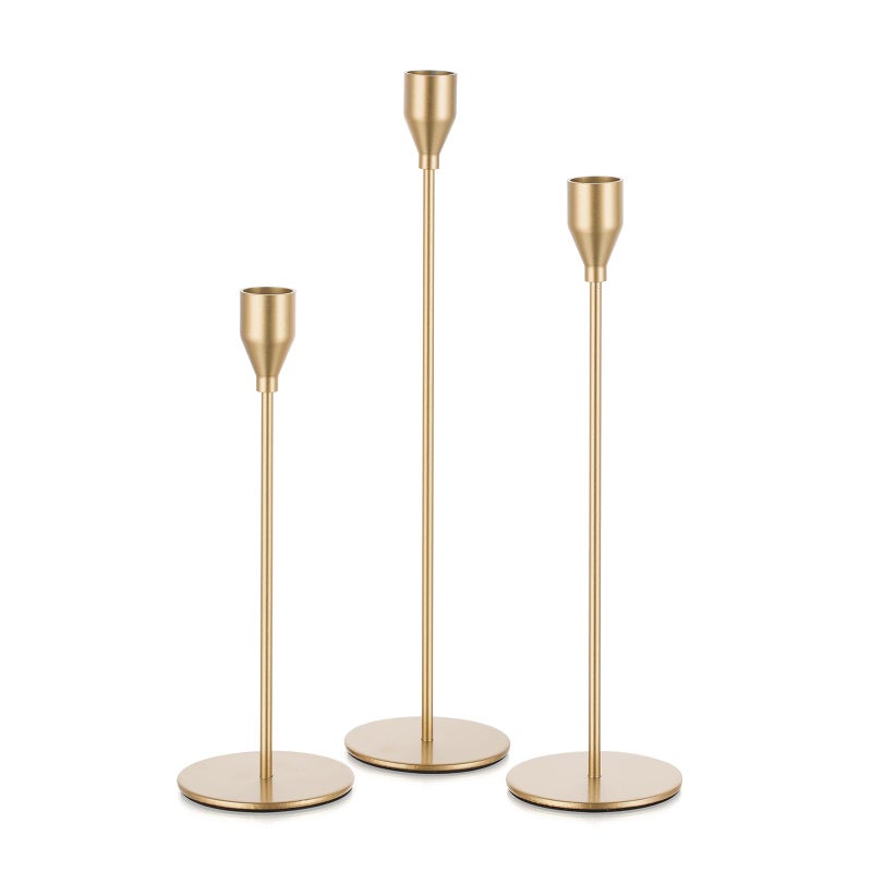 Candeldo Gold Taper Candle Holders: Set of 3 Tall Candlestick Holder for Table Centerpiece Metal Brass Candles Stick Holders Candle Stand Brushed Wedding Decor - Image 1